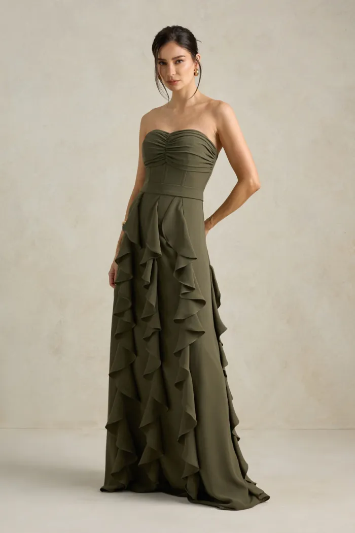 VESTIDO DE FESTA SIDNEY SAIA BABADO - VERDE OLIVA