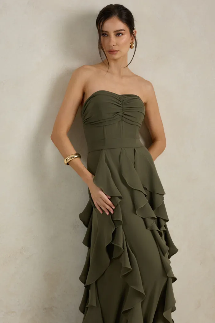 VESTIDO DE FESTA SIDNEY SAIA BABADO - VERDE OLIVA