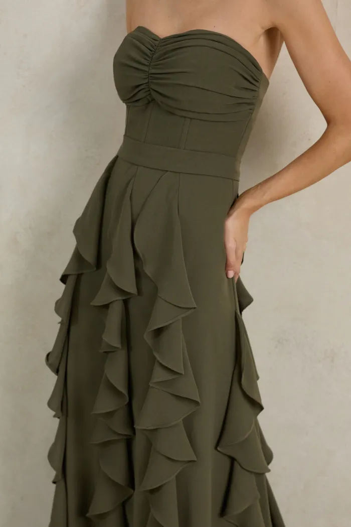 VESTIDO DE FESTA SIDNEY SAIA BABADO - VERDE OLIVA