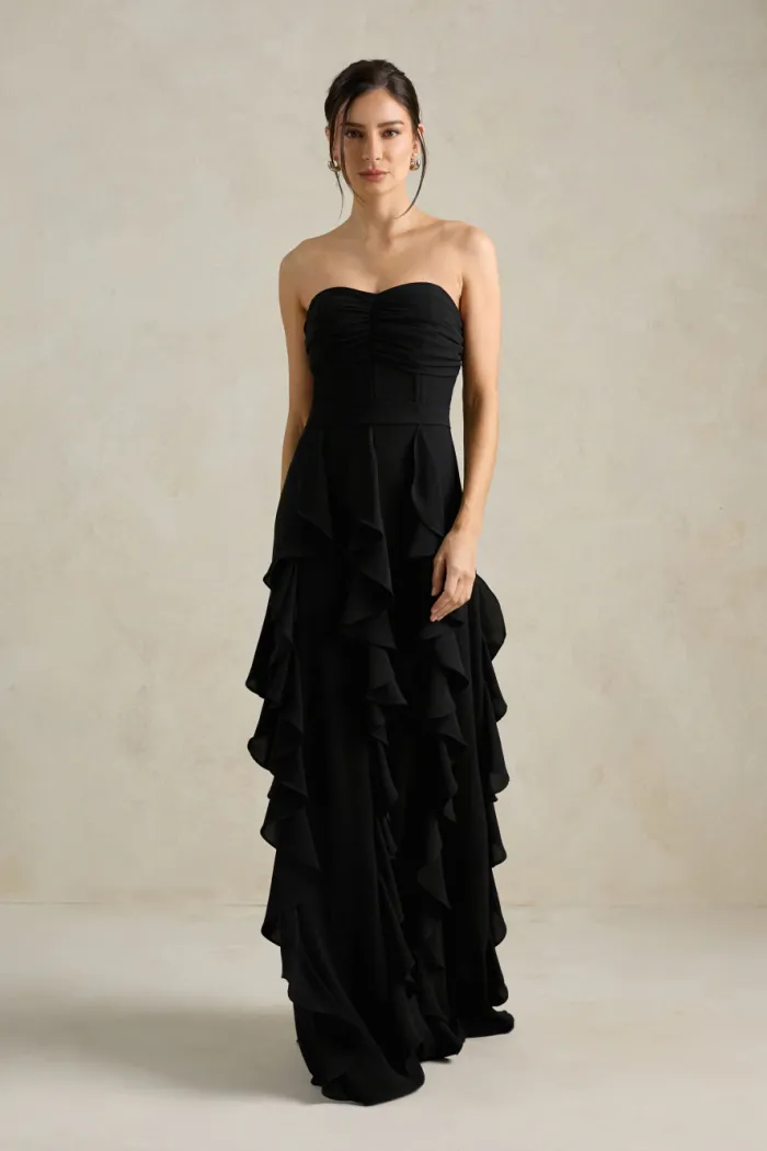 VESTIDO DE FESTA SIDNEY SAIA BABADO - PRETO