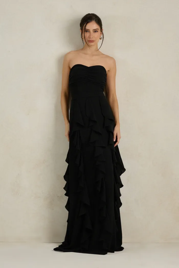 VESTIDO DE FESTA SIDNEY SAIA BABADO - PRETO