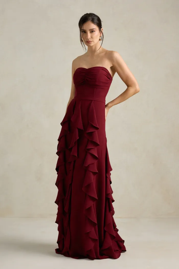 VESTIDO DE FESTA SIDNEY SAIA BABADO - VINHO