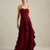 VESTIDO DE FESTA SIDNEY SAIA BABADO - VINHO