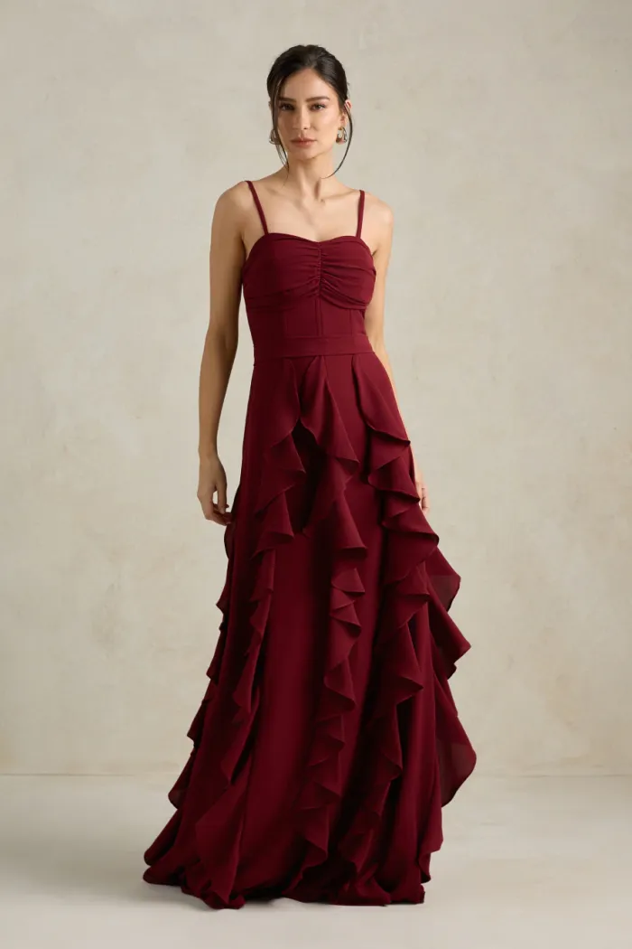 VESTIDO DE FESTA SIDNEY SAIA BABADO - VINHO