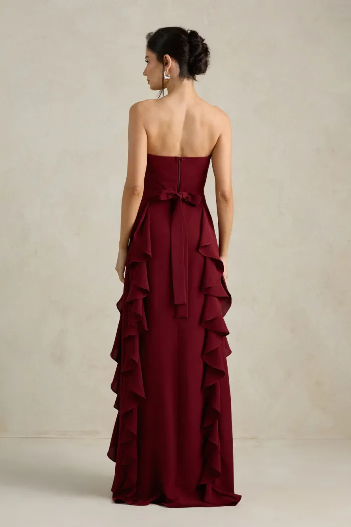 VESTIDO DE FESTA SIDNEY SAIA BABADO - VINHO