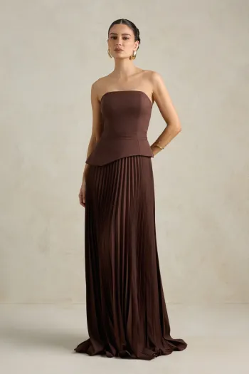 VESTIDO DE FESTA MAITÊ SAIA PLISSADA CHOKER - MARROM
