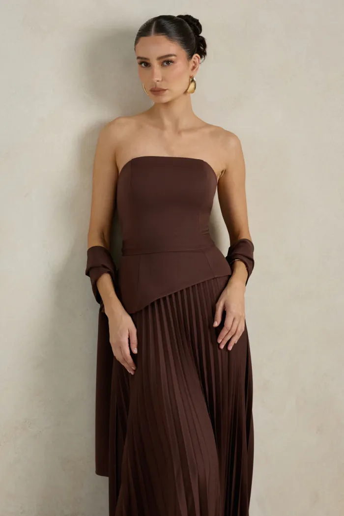 VESTIDO DE FESTA MAITÊ SAIA PLISSADA CHOKER - MARROM