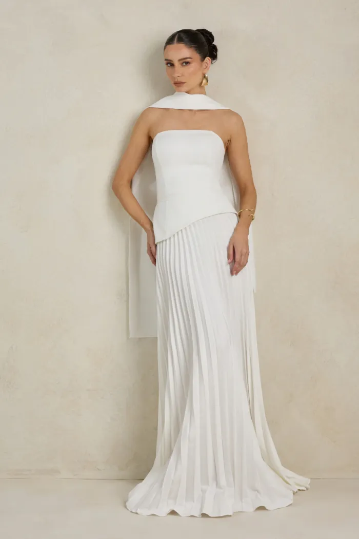 VESTIDO DE FESTA MAITÊ SAIA PLISSADA CHOKER - OFF WHITE