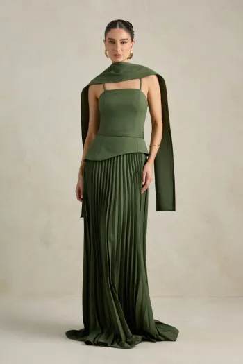 VESTIDO DE FESTA MAITÊ SAIA PLISSADA CHOKER - VERDE OLIVA