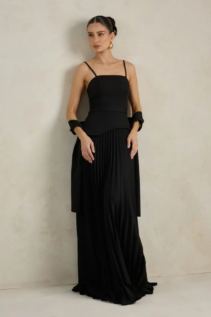 VESTIDO DE FESTA MAITÊ SAIA PLISSADA CHOKER - PRETO
