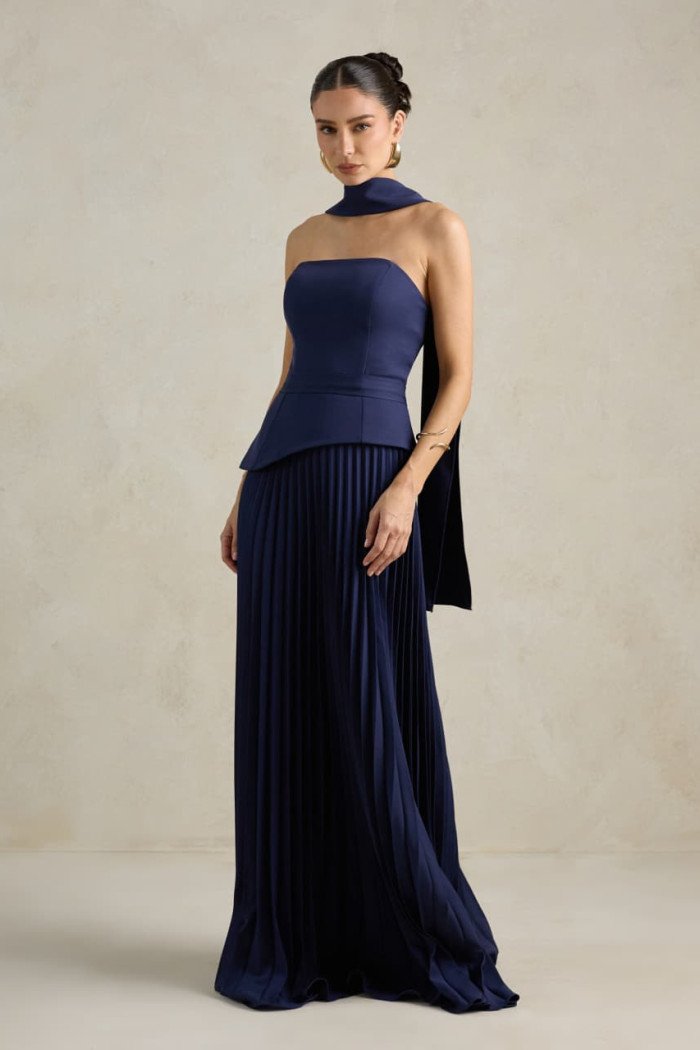 VESTIDO DE FESTA MAITÊ SAIA PLISSADA CHOKER - AZUL MARINHO