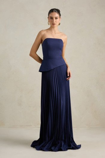 VESTIDO DE FESTA MAITÊ SAIA PLISSADA CHOKER - AZUL MARINHO