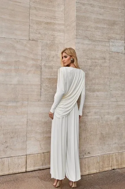 CONJUNTO SUÉCIA CALÇA ALADIM E BLUSA DREPEADA - OFF WHITE