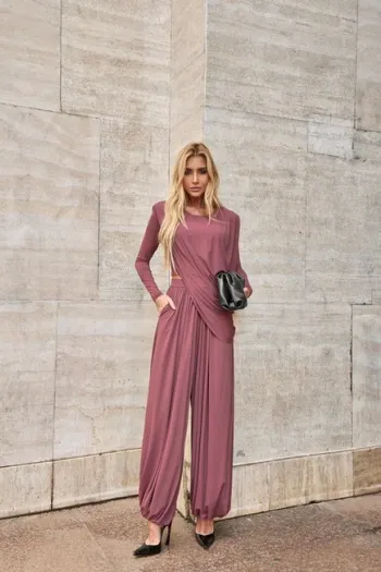 CONJUNTO SUÉCIA CALÇA ALADIM E BLUSA DREPEADA - ROSA SECO