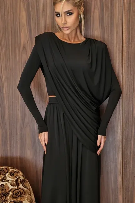 CONJUNTO SUÉCIA CALÇA ALADIM E BLUSA DREPEADA - PRETO