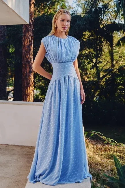 VESTIDO MÔNICA LONGO TEXTURIZADO - AZUL SERENITY