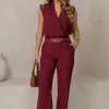CONJUNTO VERI CALÇA E BLUSA CROPPED COM CINTO - VINHO