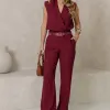 CONJUNTO VERI CALÇA E BLUSA CROPPED COM CINTO - VINHO