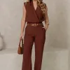 CONJUNTO VERI CALÇA E BLUSA CROPPED COM CINTO - MARROM