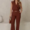 CONJUNTO VERI CALÇA E BLUSA CROPPED COM CINTO - MARROM
