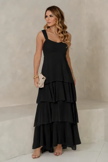 VESTIDO VALÊNCIA LONGO SAIA EVASÊ EM CAMADAS - PRETO
