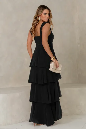 VESTIDO VALÊNCIA LONGO SAIA EVASÊ EM CAMADAS - PRETO