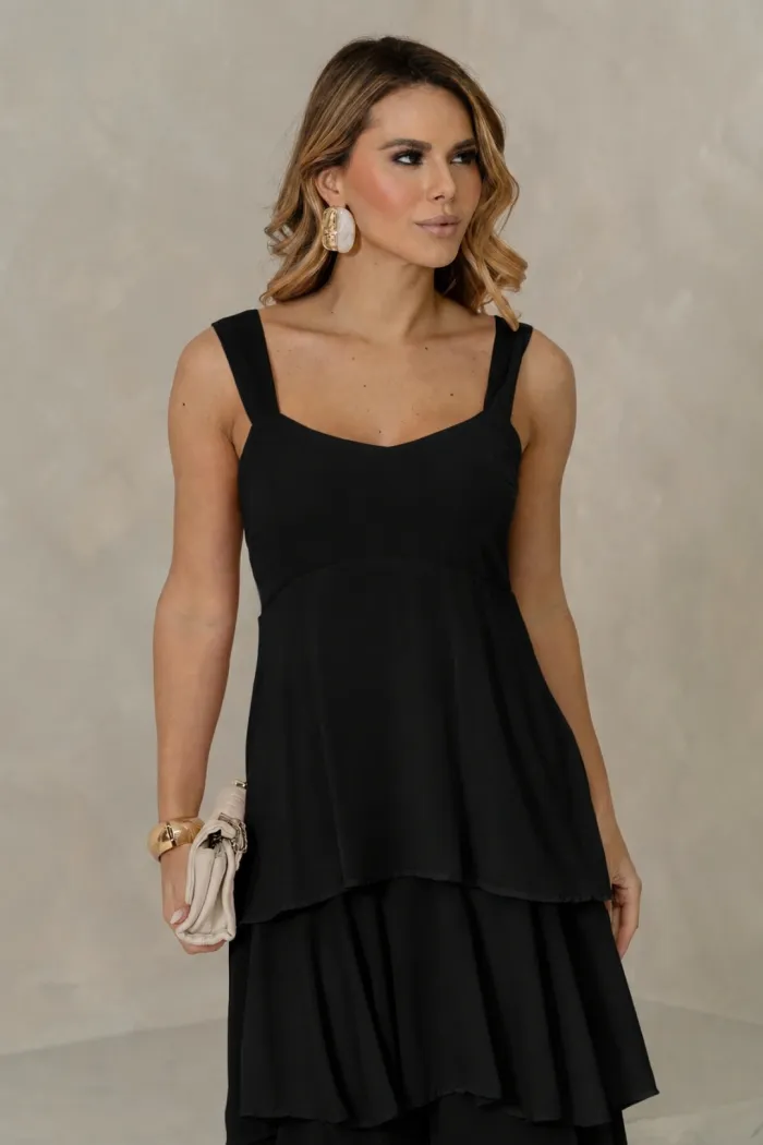 VESTIDO VALÊNCIA LONGO SAIA EVASÊ EM CAMADAS - PRETO
