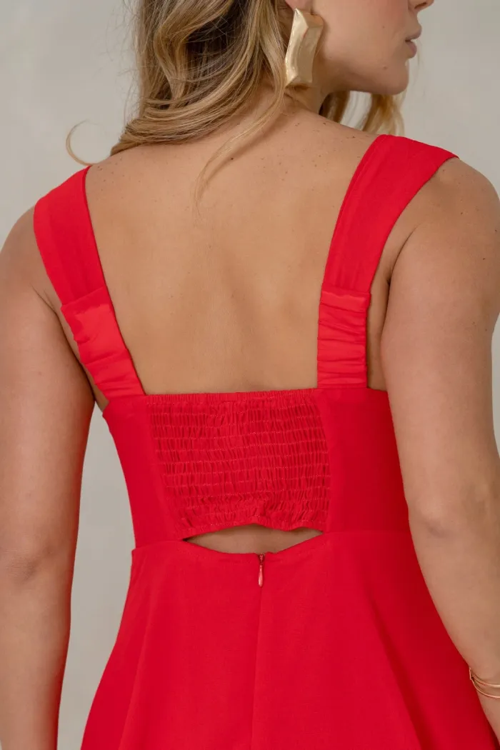 VESTIDO VALÊNCIA LONGO SAIA EVASÊ EM CAMADAS - VERMELHO