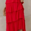 VESTIDO VALÊNCIA LONGO SAIA EVASÊ EM CAMADAS - VERMELHO