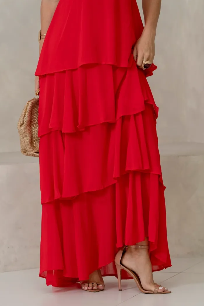 VESTIDO VALÊNCIA LONGO SAIA EVASÊ EM CAMADAS - VERMELHO