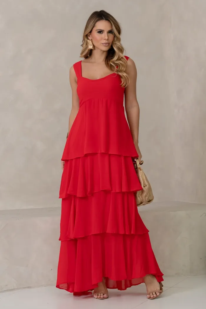 VESTIDO VALÊNCIA LONGO SAIA EVASÊ EM CAMADAS - VERMELHO