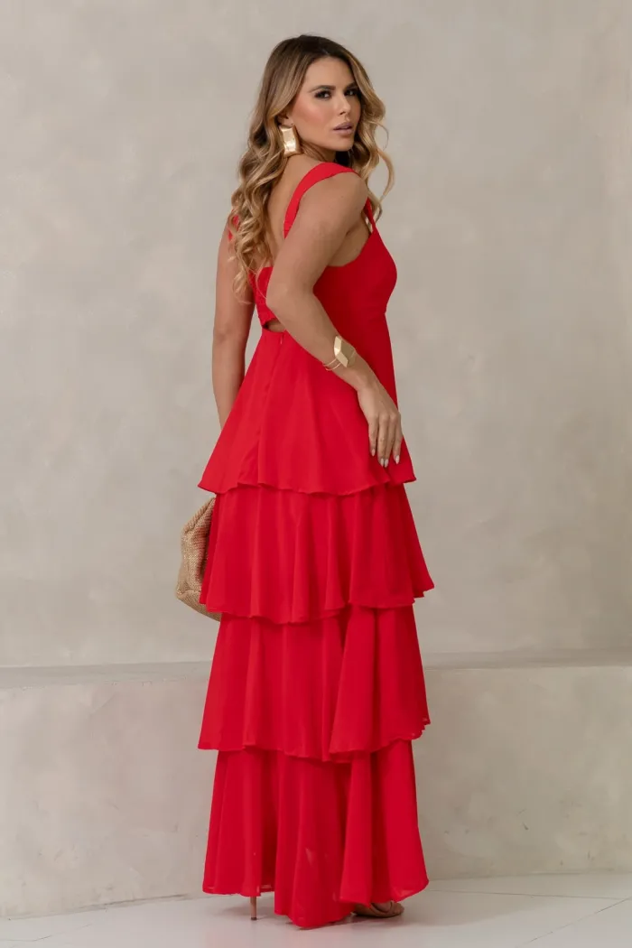 VESTIDO VALÊNCIA LONGO SAIA EVASÊ EM CAMADAS - VERMELHO