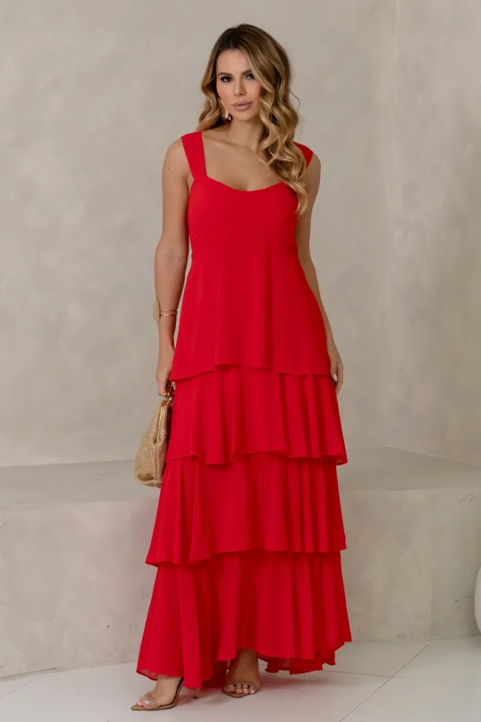 VESTIDO VALÊNCIA LONGO SAIA EVASÊ EM CAMADAS - VERMELHO