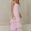 VESTIDO VALÊNCIA LONGO SAIA EVASÊ EM CAMADAS - ROSA