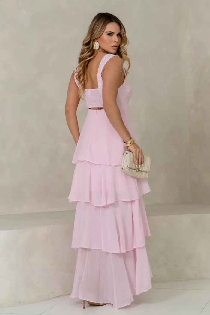 VESTIDO VALÊNCIA LONGO SAIA EVASÊ EM CAMADAS - ROSA