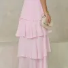VESTIDO VALÊNCIA LONGO SAIA EVASÊ EM CAMADAS - ROSA