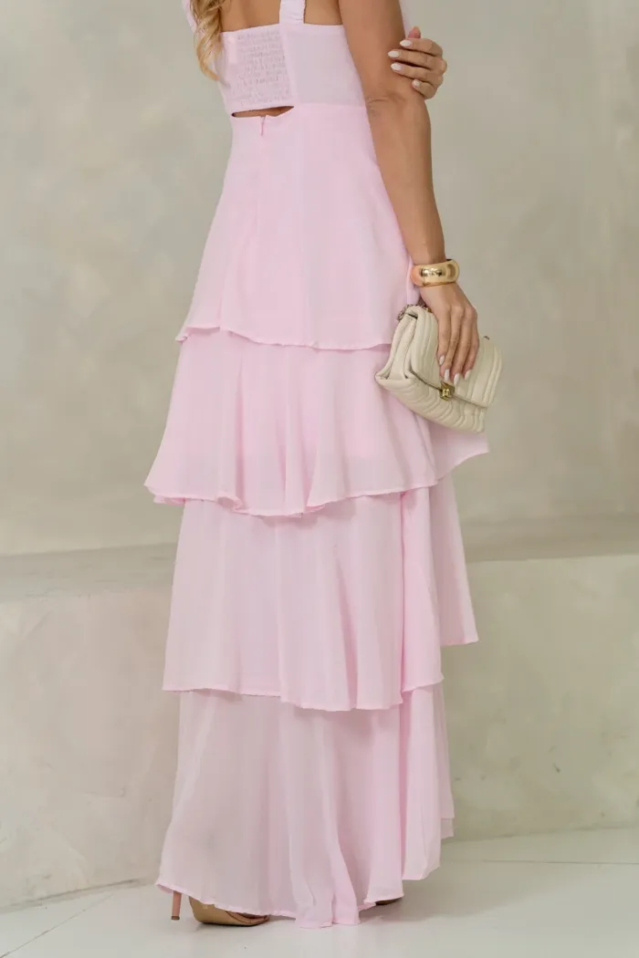 VESTIDO VALÊNCIA LONGO SAIA EVASÊ EM CAMADAS - ROSA