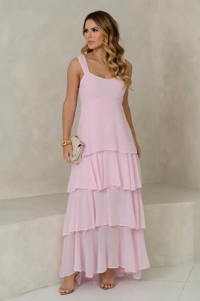 VESTIDO VALÊNCIA LONGO SAIA EVASÊ EM CAMADAS - ROSA