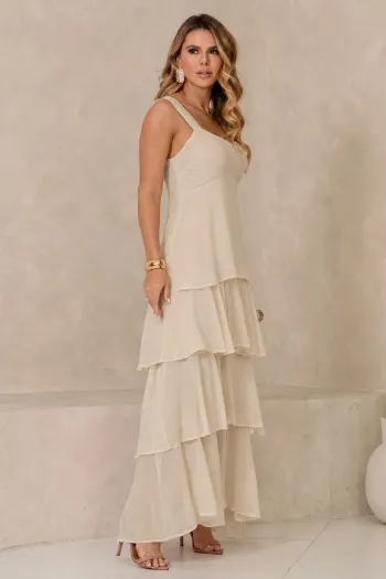 VESTIDO VALÊNCIA LONGO SAIA EVASÊ EM CAMADAS - BEGE