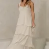 VESTIDO VALÊNCIA LONGO SAIA EVASÊ EM CAMADAS - BEGE
