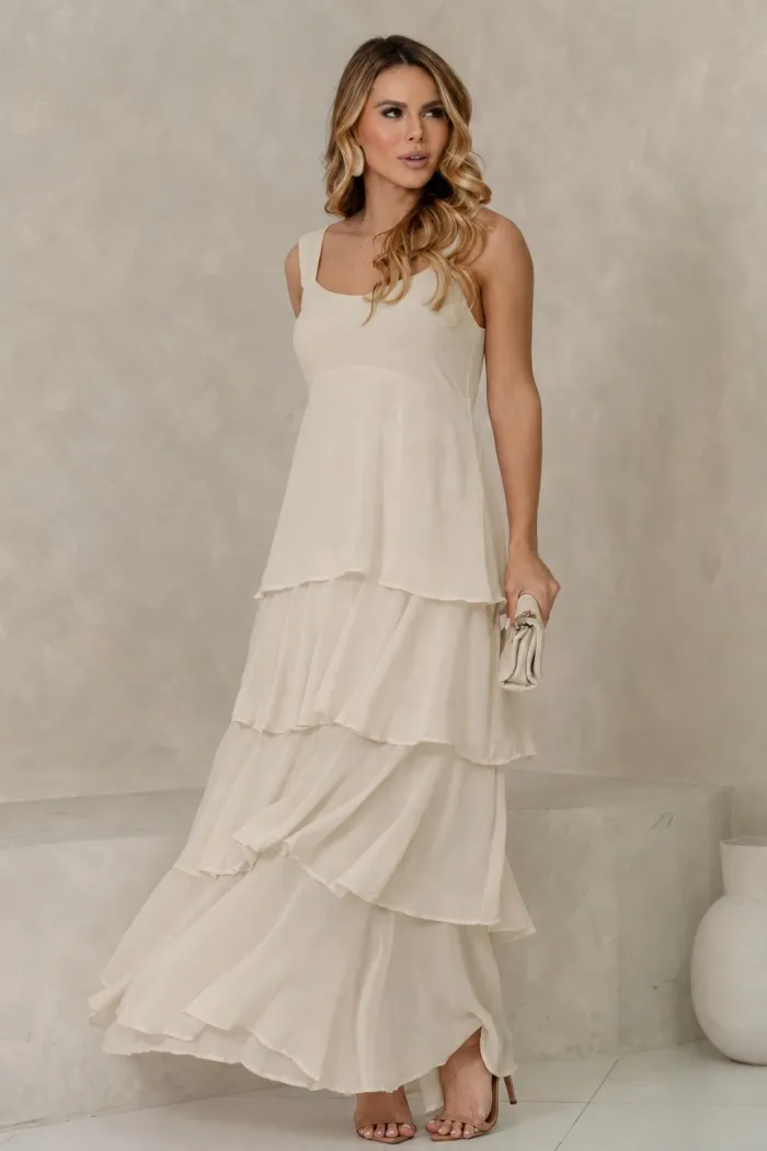 VESTIDO VALÊNCIA LONGO SAIA EVASÊ EM CAMADAS - BEGE