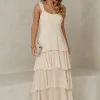 VESTIDO VALÊNCIA LONGO SAIA EVASÊ EM CAMADAS - BEGE