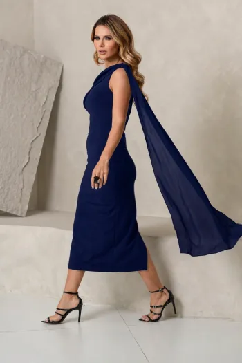 VESTIDO ZOE MIDI TUBINHO DETALHE OMBRO FAIXA - AZUL MARINHO