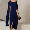 VESTIDO ZOE MIDI TUBINHO DETALHE OMBRO FAIXA - AZUL MARINHO
