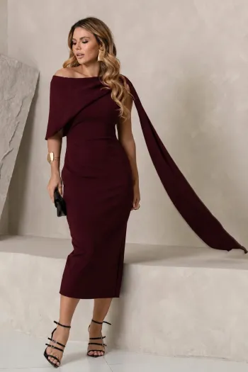 VESTIDO ZOE MIDI TUBINHO DETALHE OMBRO FAIXA - VINHO