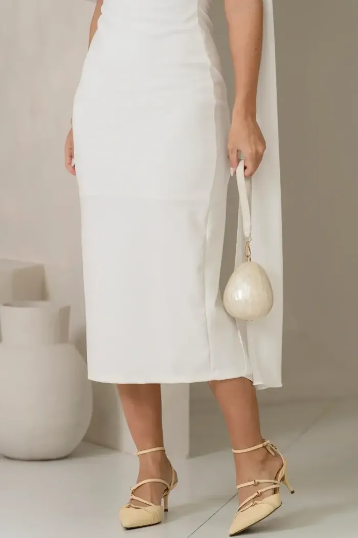 VESTIDO ZOE MIDI TUBINHO DETALHE OMBRO FAIXA - OFF WHITE