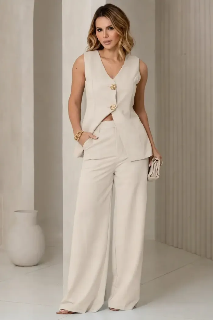 CONJUNTO TURIM PANTALONA E MAXI COLETE - BEGE