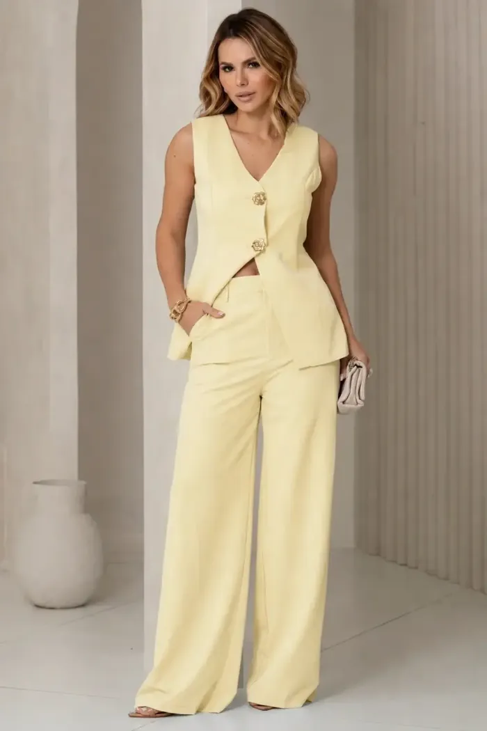 CONJUNTO TURIM PANTALONA E MAXI COLETE - AMARELO MANTEIGA