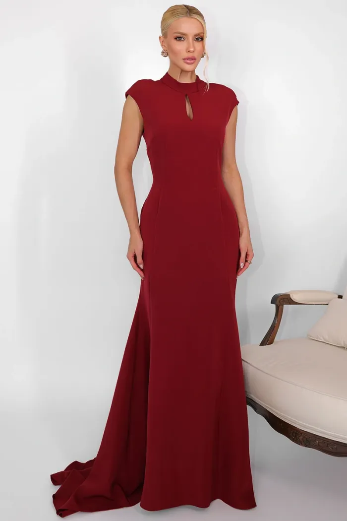 VESTIDO HELENA LONGO COM CAUDA E BABADOS COSTAS ABERTA - VINHO