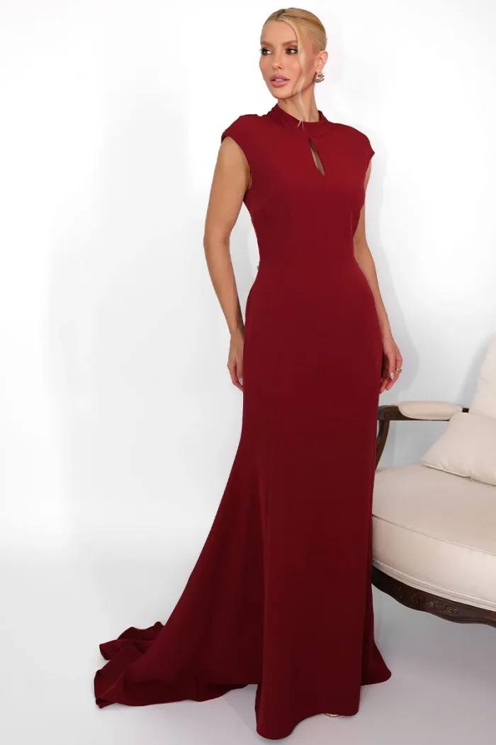 VESTIDO HELENA LONGO COM CAUDA E BABADOS COSTAS ABERTA - VINHO